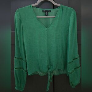 INC Emerald Green Relaxed Buttoned Blouse with Front Tie